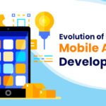 Illustration of a smartphone with app icons on the screen, surrounded by symbols of development like gears, a light bulb, and coding elements, with the title “Evolution of Mobile App Development