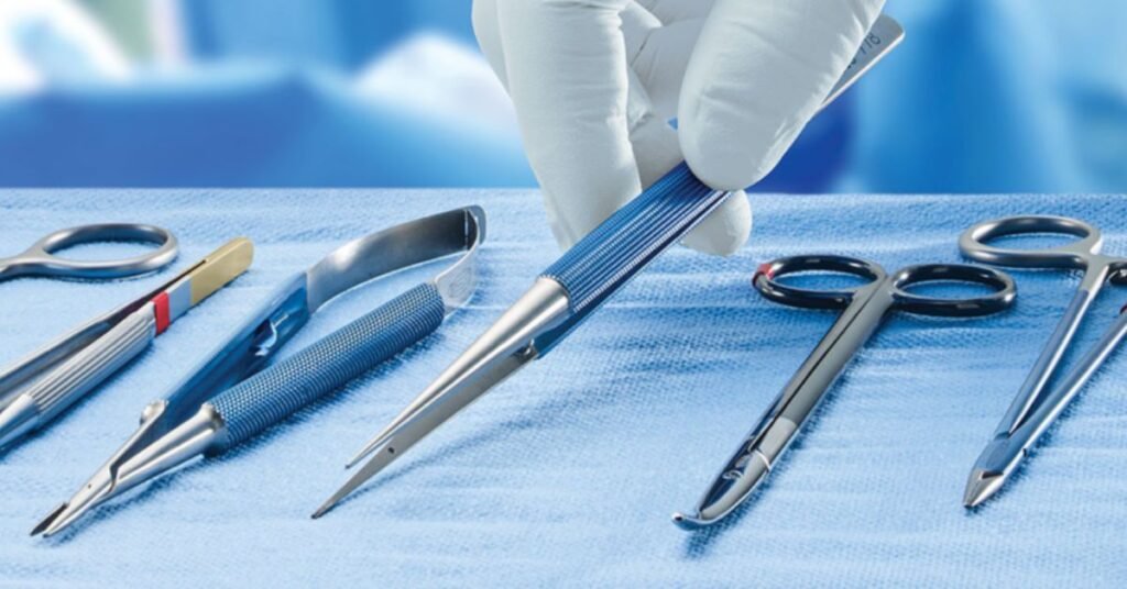 An array of orthopedic surgical instruments displayed in a sterile environment, showcasing tools essential